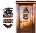Holzschild happy halloween 60 cm mit schwarzem und rotem grim reaper, leuchtenden augen, sense und fledermaus dekoration
