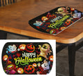 Schwarzes halloween-tablett kleine monster 39x24 cm mit bunten cartoon-monstern vampire mumie und hexe samt leuchtenden kürbissen