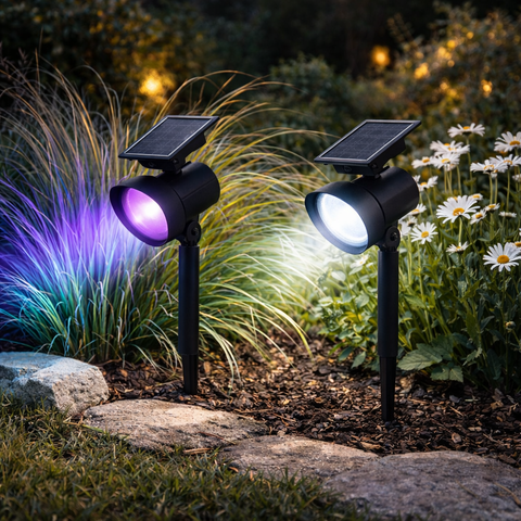 Schwarze solar-gartenstrahler 2 stück mit verstellbarem kopf und farbwechsel in lila und weißlicht