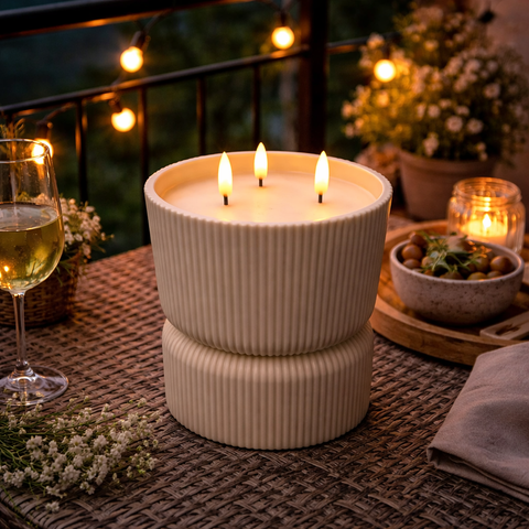Cremefarbener sandfarbener keramik kerzenhalter mit drei brennenden kerzen 3d docht 13x13x17,5 cm outdoor-kerze