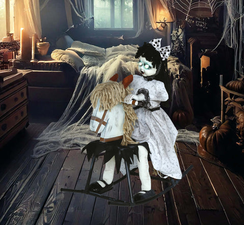 Halloween Mädchen auf Schaukelpferd animiert 70 cm Halloween Fiestas Guirca