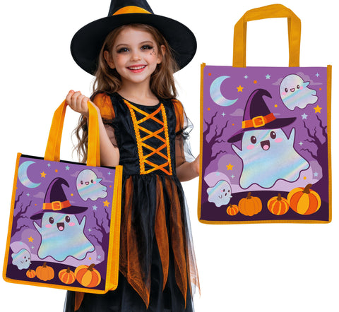Lila halloween tasche geist 36x30 cm mit gelben griffen und cartoon geist mit hexenhut und kürbissen