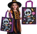 Lila henkel halloween-tasche skelett 36x30 cm mit regenbogenfarbenem skelett und süßigkeiten auf schwarzem grund