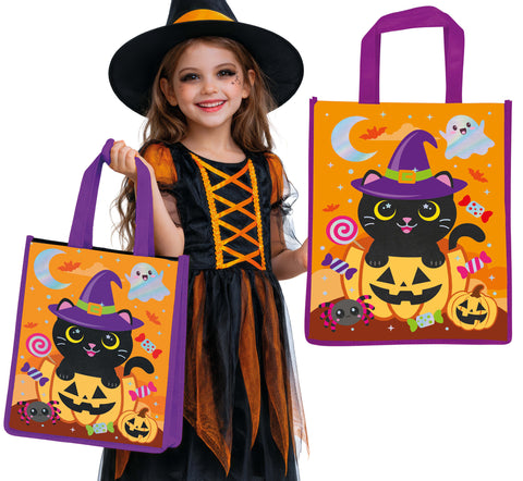 Orange halloween tasche katze 36x30 cm mit lila griffen und schwarzer katze auf kürbissen und süßigkeiten