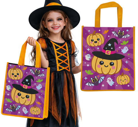 Lila halloween-tasche kürbis 36x30 cm mit gelben henkel und niedlichen kürbissen mit hexenhüten und fledermäusen