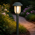 Dark green solar pathway light with clear glass lantern shade and warm glow solar fackel retro birne 41x9cm olivgrün