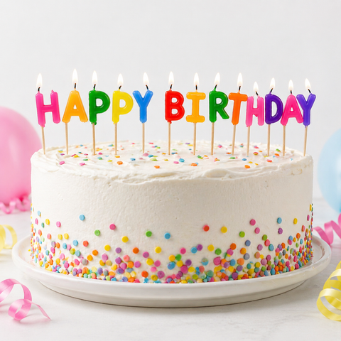 Runde weiße geburtstagstorte mit bunten buchstabekerzen happy birthday und regenbogensprinkles dekoriert