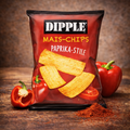 Ein lebhaft roter beutel dipple mais chips 90g paprika in glänzendem plastik mit goldgelben paprika-chips abbildung