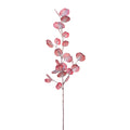 Ein dekorativer künstlicher eukalyptus-zweig 84cm mit runden rosa-roten blättern und schlankem braunem stiel