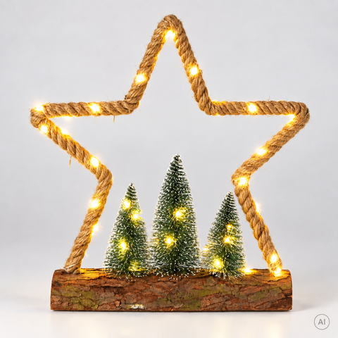 Weihnachtsfigur aus Jute auf Holzsockel mit Metallrahmen und 45 warmweißen LEDs