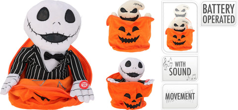 Orange kürbisförmige plüschfigur mit leuchtender led-funktion und lachendem jack skellington-gesicht