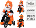 Orange plüschclown auf schwarzem tricycle mit sound und bewegung Halloween fahrende figur auf fahrrad