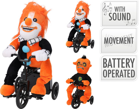 Orange plüschclown auf schwarzem tricycle mit sound und bewegung Halloween fahrende figur auf fahrrad