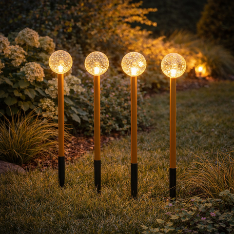 Vier glowing crackled glass globe lights mit goldenen stielen und schwarzen sockeln als Lumineo Gartenstecker set