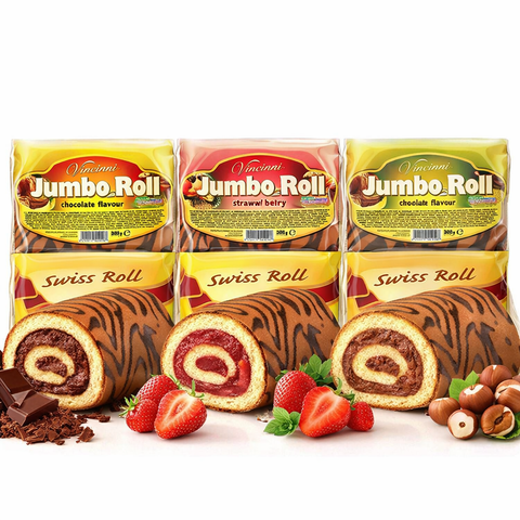 Drei verpackte vincinni jumbo rolls 300 g in schokolade und erdbeer mit aufgeschnittenen spiralförmigen füllungen