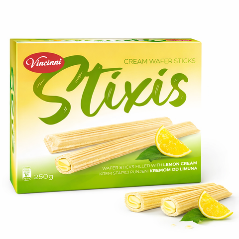 Gelbe und grüne box vinçinni stixis waffelstäbchen gefüllt mit zitronencreme 250 g