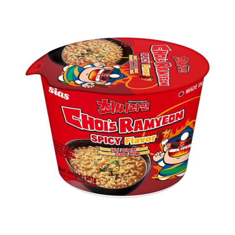 Roter becher instant nudeln choi ramyeon scharfe geschmack mit cartoon-figur auf der verpackung