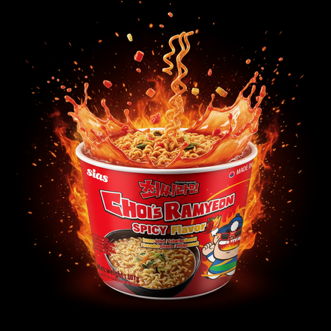 Roter zylinderbecher choi ramyeon scharfe geschmack instant nudeln mit zeichentrickfigur und feuriger splash-design