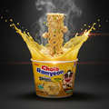 A steaming cup of choix ramyeon chicken flavor instant noodles with a bright yellow package and bold red and blue lettering