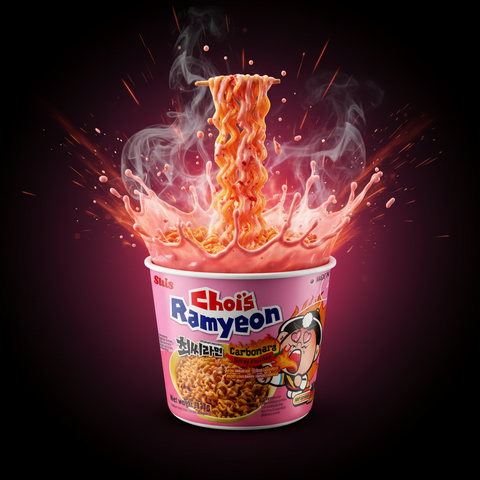 Ein lebendiger pinker becher choi´s ramyeon carbonara instant nudeln mit cartoonfigur und dampf über würzigen orangen nudeln