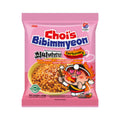 Pink packet von choi´s bibimmyeon carbonara instantnudeln mit lockigen goldbraunen nudeln oben herausragend