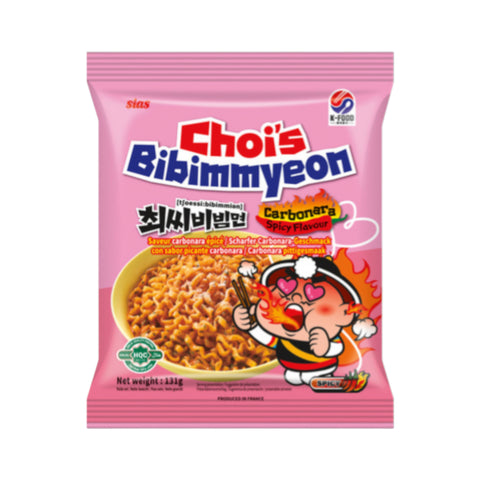 Pink packet von choi´s bibimmyeon carbonara instantnudeln mit lockigen goldbraunen nudeln oben herausragend