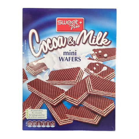 Mini wafer cocoa und milk 200g in blau-roter verpackung mit süß plus kakaogeschmack und milchfüllung