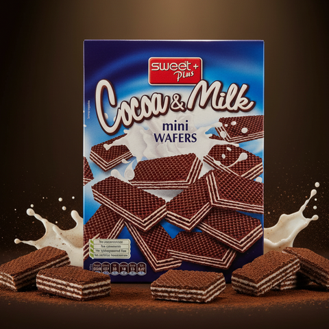 Mini wafer cocoa plus milk 200g mit blau-roter verpackung von süßen mini waffeln mit kakaogeschmack