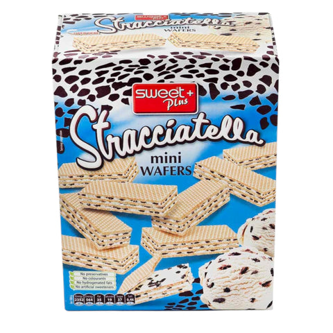 Eine box mini wafer stracciatella 200g mit süßen stracciatella mini waffeln und blau-weißem gepunktetem design