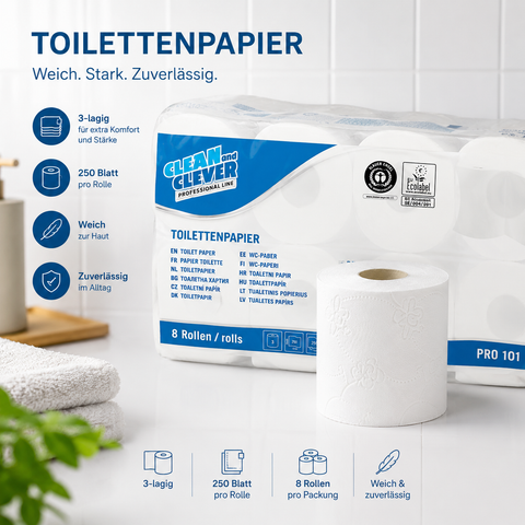 Toilettenpapier 3-lagig / 250 Blatt / 8 Rollen