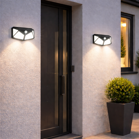 Led solar gartenleuchte 2er-set schwarze wandlampen mit geometrischem design und satinierten glaspaneelen