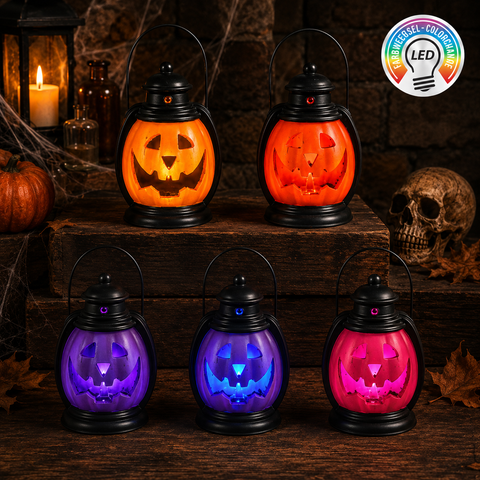 Led-laterne kürbis rgb 20 cm schwarze laterne mit leuchtenden gesichtern in orange lila blau und pink