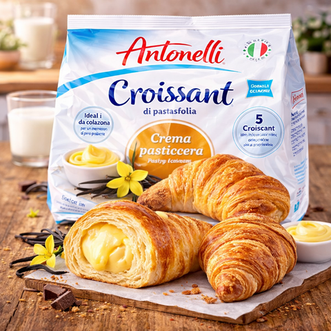 Antonelli croissant mit goldbraunen, blättrigen schichten und cremiger vanillefüllung, croissants gefüllt 225-250 g