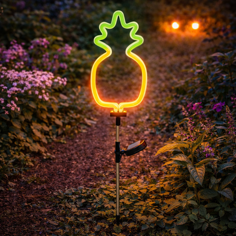 Solar-stecker ananas neon leuchtendes gelb-grünes ananasförmiges gartenlicht auf dünnem metallstab