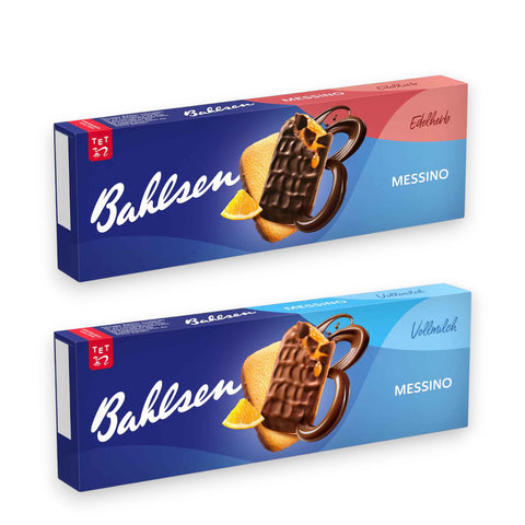 Zwei blaue und rote bahlsen messino 125g schokoladenüberzogene kekse mit orangenscheiben auf der verpackung