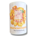 Weißer zylinderförmiger behälter mit bratkartoffel würzmischung 125g von food food mit bilder von gewürzten kartoffeln und rosmarinzweigen