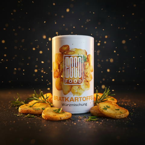 Weißer zylinderförmiger behälter der marke food food mit bratkartoffel würzmischung 125g und rosmarinbildern