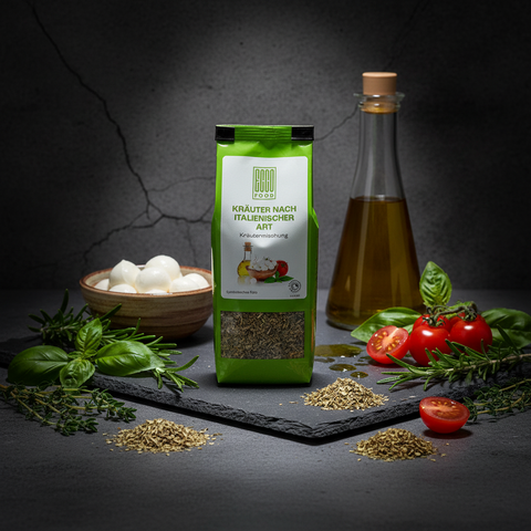 Grüne verpackung italienische kräuter 25g good food mit sichtfenster und getrockneten kräutern innen