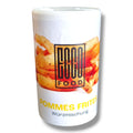 Weißer zylinderförmiger behälter mit pommes frites würzmischung 150g von food food mit bild von goldenen pommes und zwiebelringen