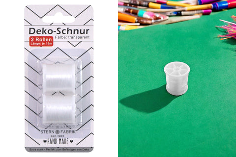 Weiße kunststoffrolle mit transparentem dekorationsfaden deko-schnur transparent 16m