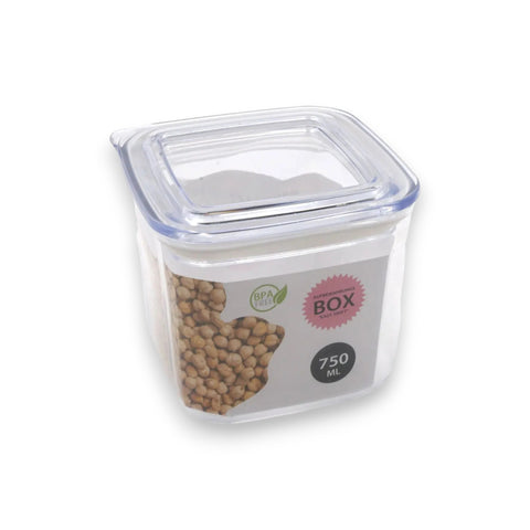 Klare kunststoff-frischhaltebox easy swift 0,75l mit transparentem deckel, weißem etikett, bpa-frei und kichererbsenmotiv