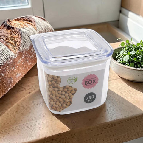 Klare kunststofffrischhaltebox easy swift 0,75 l mit weißem etikett und kichererbsenbild in pink markiert