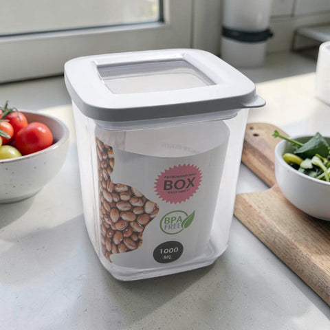 Klare kunststoff-frischhaltebox easy swift 1l mit weißem deckel und bpa-freiem label für 1000 ml bohnenlagerung