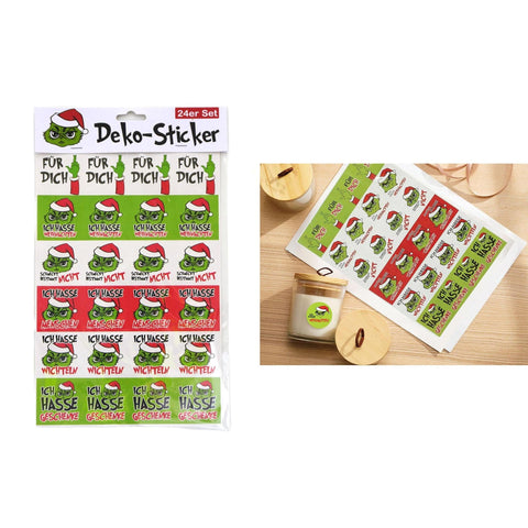 Ein set aus 24 festlichen grinch-themed aufklebern in grün und rot mit weihnachtsmütze