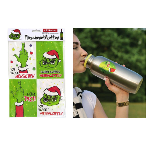 Silberne edelstahl wasserflasche mit gelbem schraubdeckel und grinch weihnachtsetikett aus flaschenetiketten 4er set