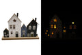 Led dekoration holz haus schnee mit drei häusern in weiß, blau und schwarz mit sternen und fenstern aus holz