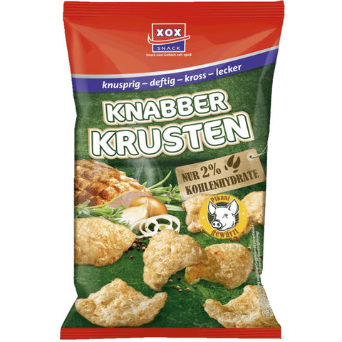 Knabber krusten 50g snack aus schweinebraten in roter und grüner verpackung mit xox marke