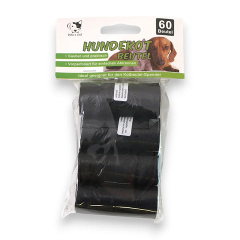 Hundekotbeutel 60stk schwarz aus plastik verpackt in klarer folie mit grün weißem etikett zur hundehygiene