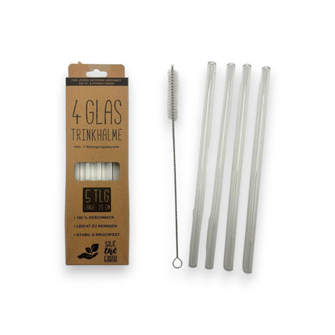 Set aus vier klaren glastrinkhalmen 20cm mit metallbürste in brauner box save the earth logo trinkhalm glas 5tlg
