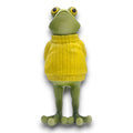 Grüne froschfigurine mit gelbem gestricktem pullover in 11x12x27,5 cm größe